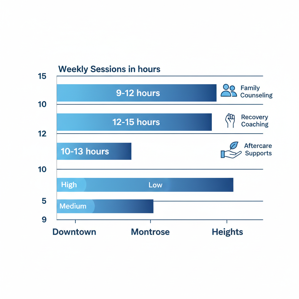 Horizontal bar chart comparing Intensive Outpatient Program features including session hours and supports across Houston neighborhoods: Downtown, Montrose, and Heights