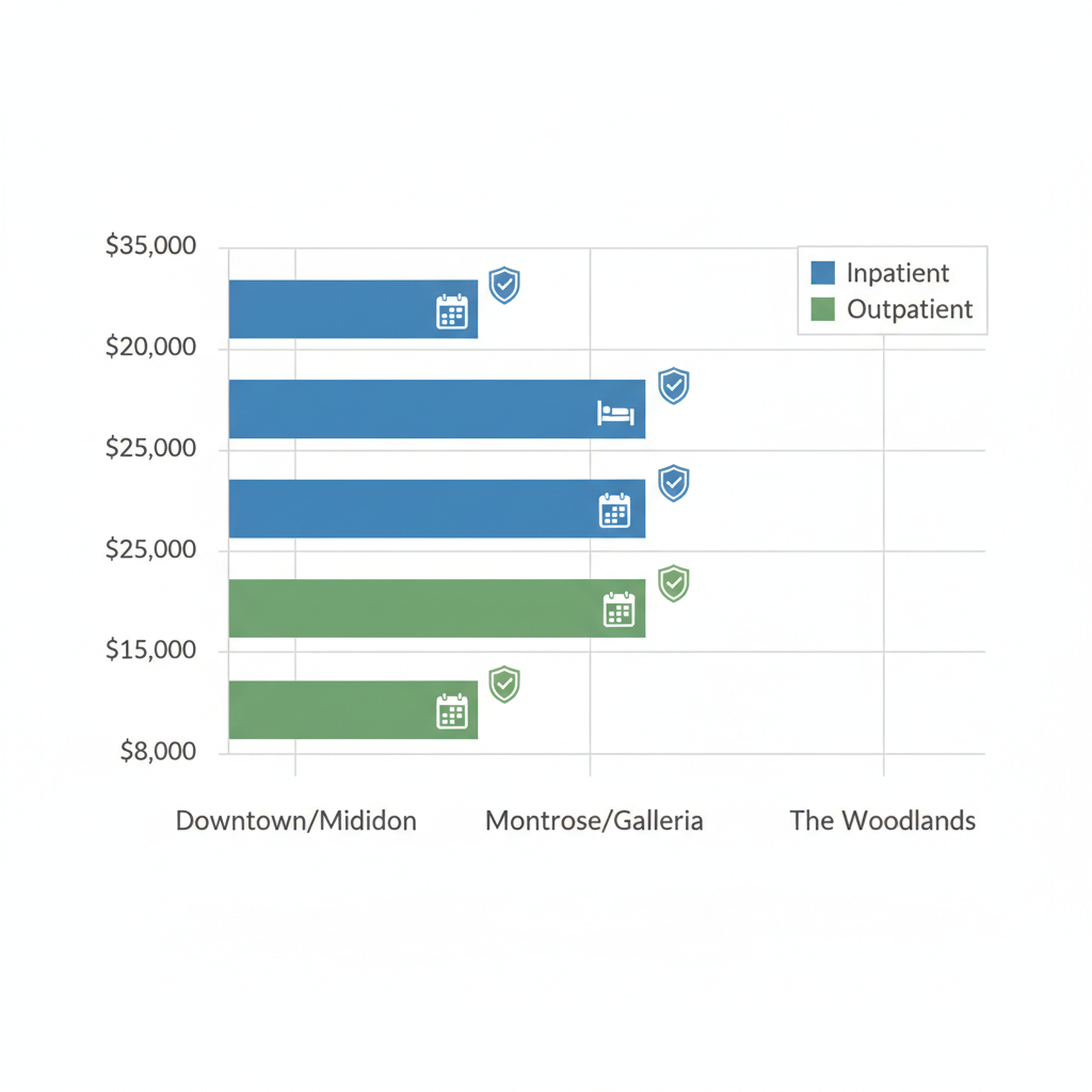 Horizontal bar chart comparing inpatient and outpatient rehab costs in Houston neighborhoods including Downtown/Midtown, Montrose/Galleria, and The Woodlands