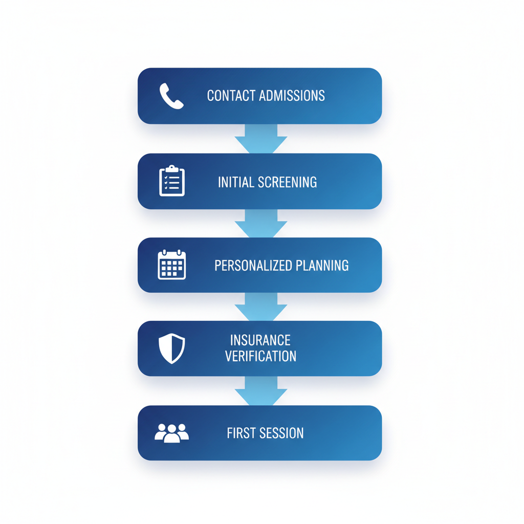 Vertical diagram of five steps to start behavioral health treatment at Harmony Grove Behavioral Health in Houston, Texas