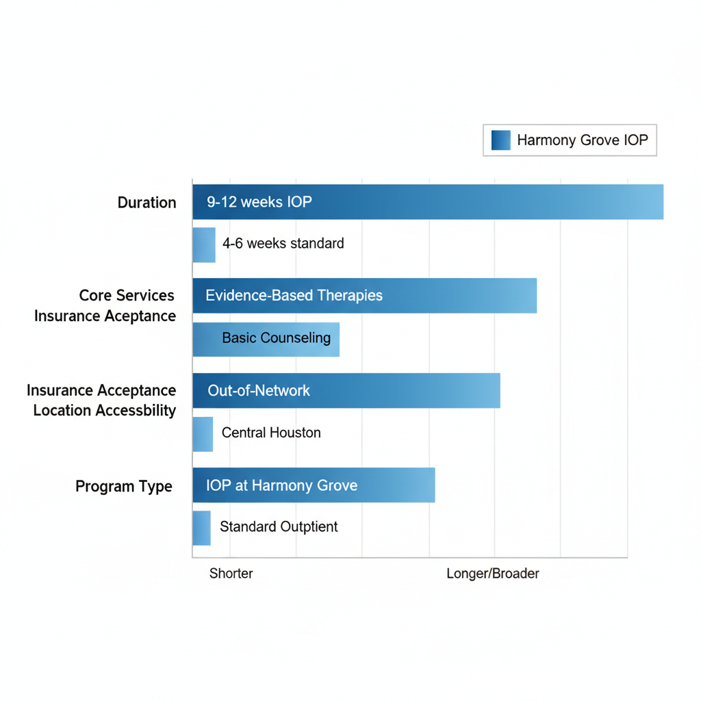 Horizontal bar chart comparing outpatient rehab features in Houston, including duration, services, insurance, location, and program type.