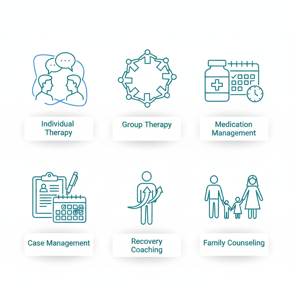 Grid of icons representing outpatient rehab services including therapy and counseling options.