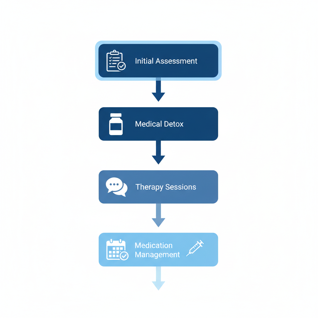 Vertical process flow diagram of five stages in Houston inpatient rehab: assessment, detox, therapy, medication management, and aftercare planning with icons.