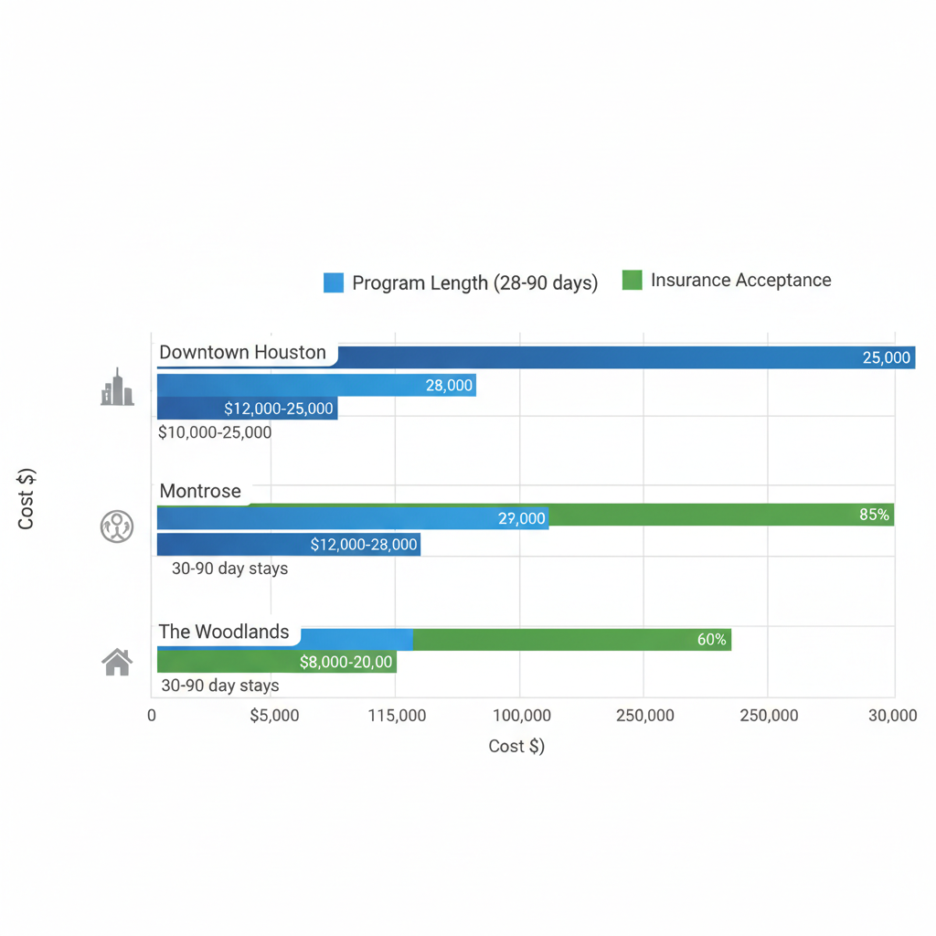 Horizontal bar chart comparing inpatient rehab costs and program lengths in Houston neighborhoods: Downtown, Montrose, and The Woodlands, with icons and metric labels.