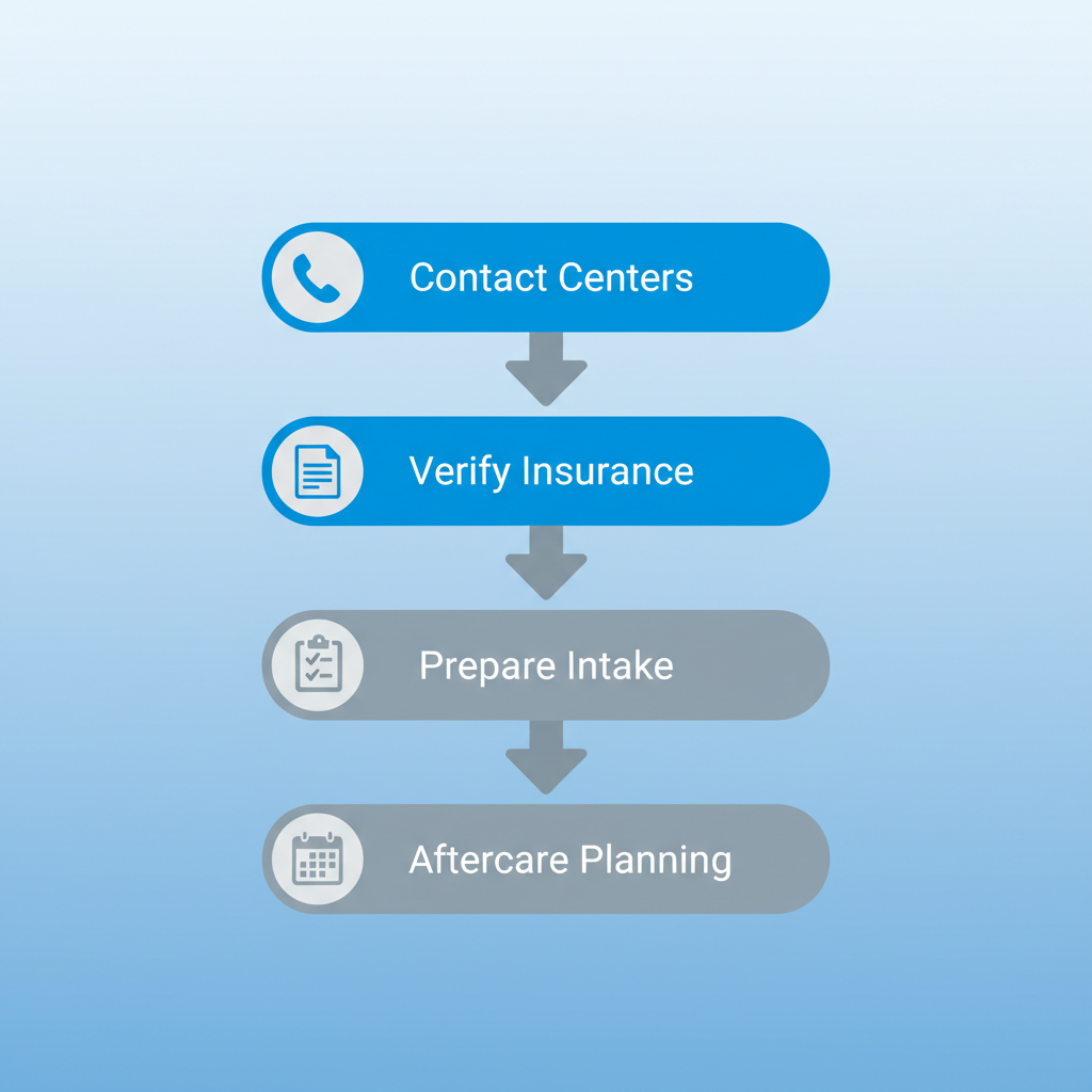 Vertical process flow diagram illustrating four steps to start inpatient rehab in Houston: contacting centers, verifying insurance, preparing intake, and planning aftercare.