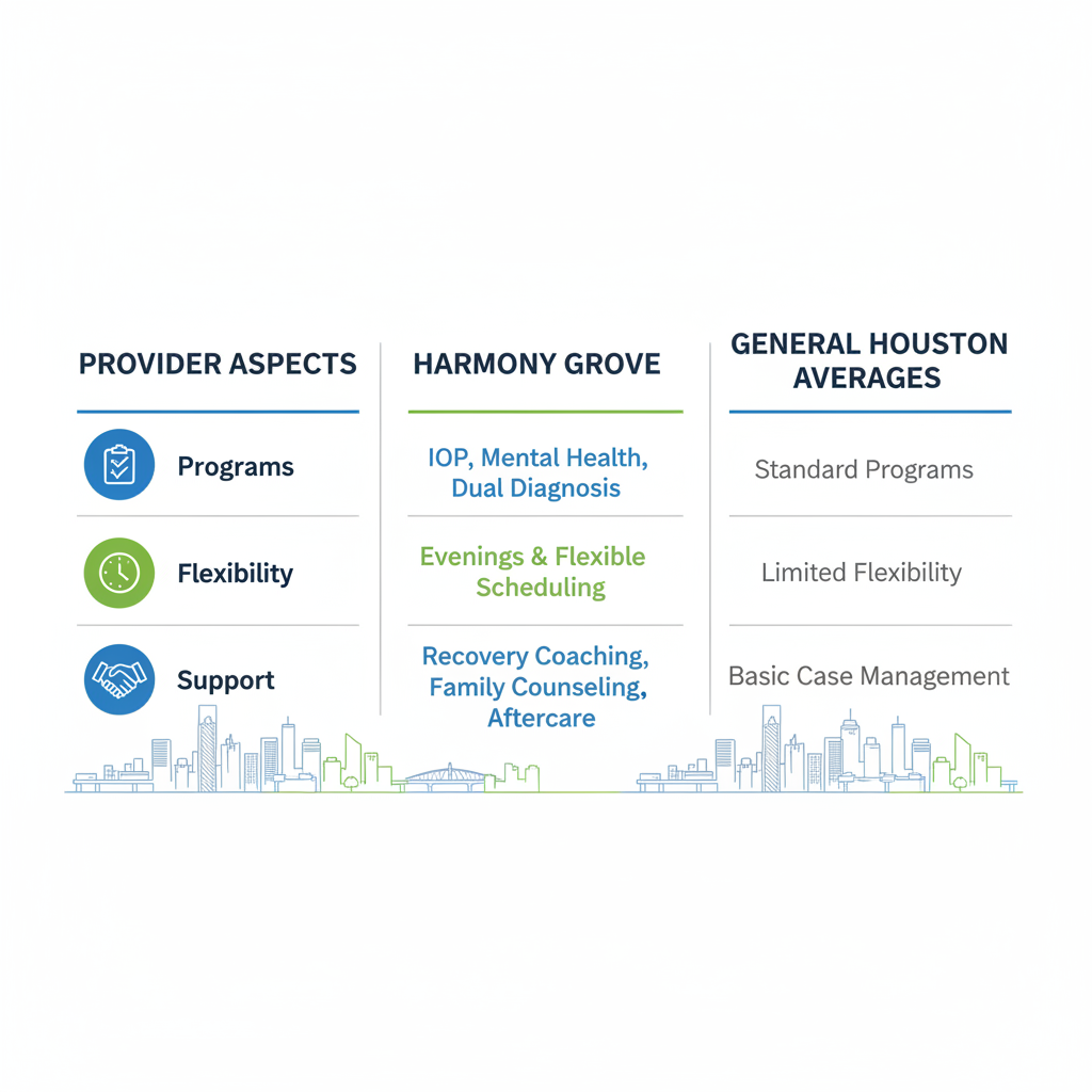 Infographic comparing outpatient rehab providers in Houston, Texas, highlighting Harmony Grove's programs, flexibility, and support features against averages.