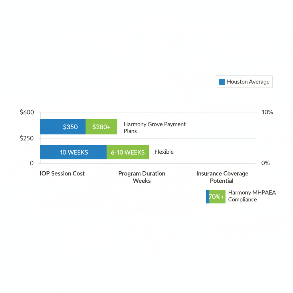 Horizontal bar chart depicting costs, durations, and insurance coverage for outpatient rehab in Houston, Texas, comparing averages and Harmony Grove benefits.