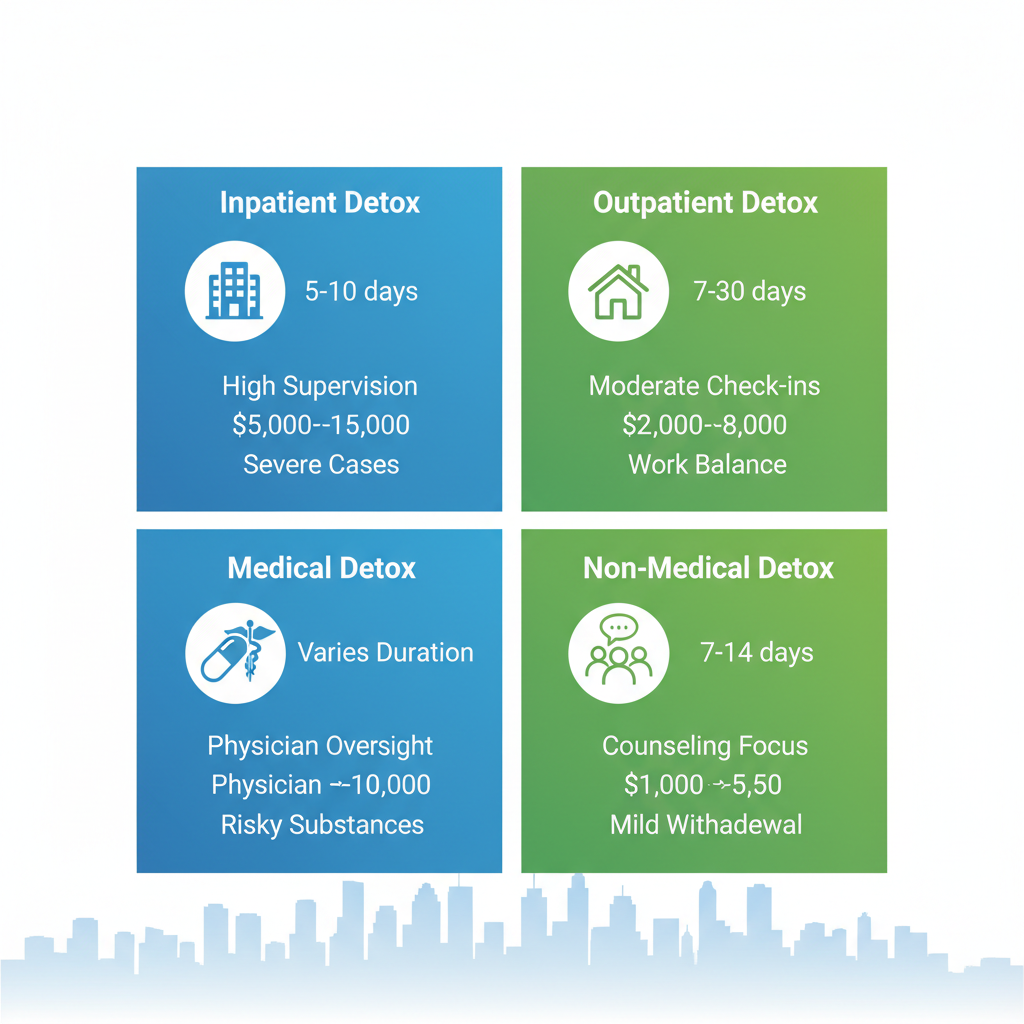 Infographic comparing four detox service options in Houston, Texas: inpatient, outpatient, medical, and non-medical, with icons, durations, costs, and suitability details.
