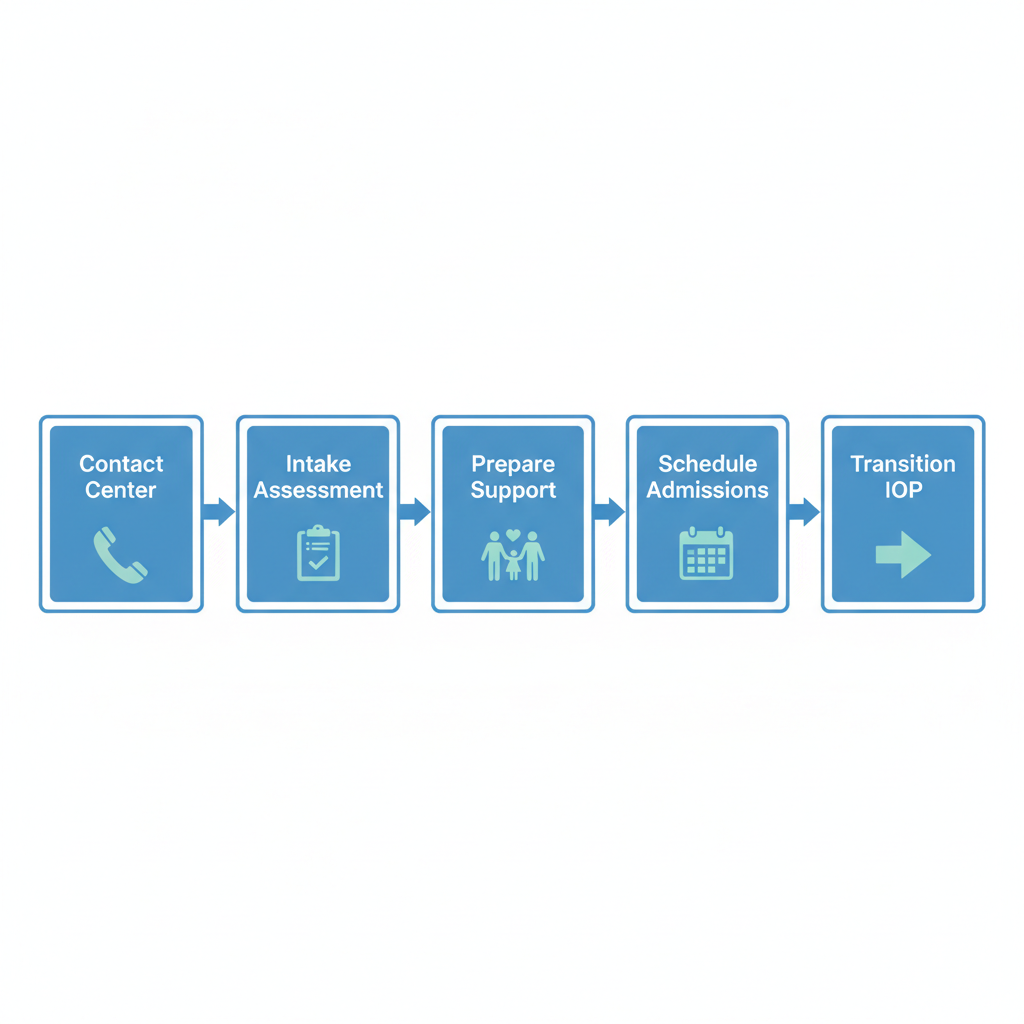 Horizontal process flow diagram outlining five steps to begin detox in Houston, Texas, with icons and blue color scheme