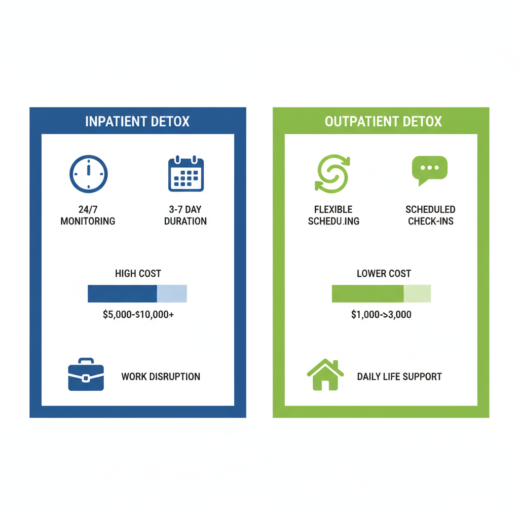 Infographic showing side-by-side comparison of inpatient and outpatient detox options in Houston, Texas, with icons for monitoring, duration, costs, and scheduling.