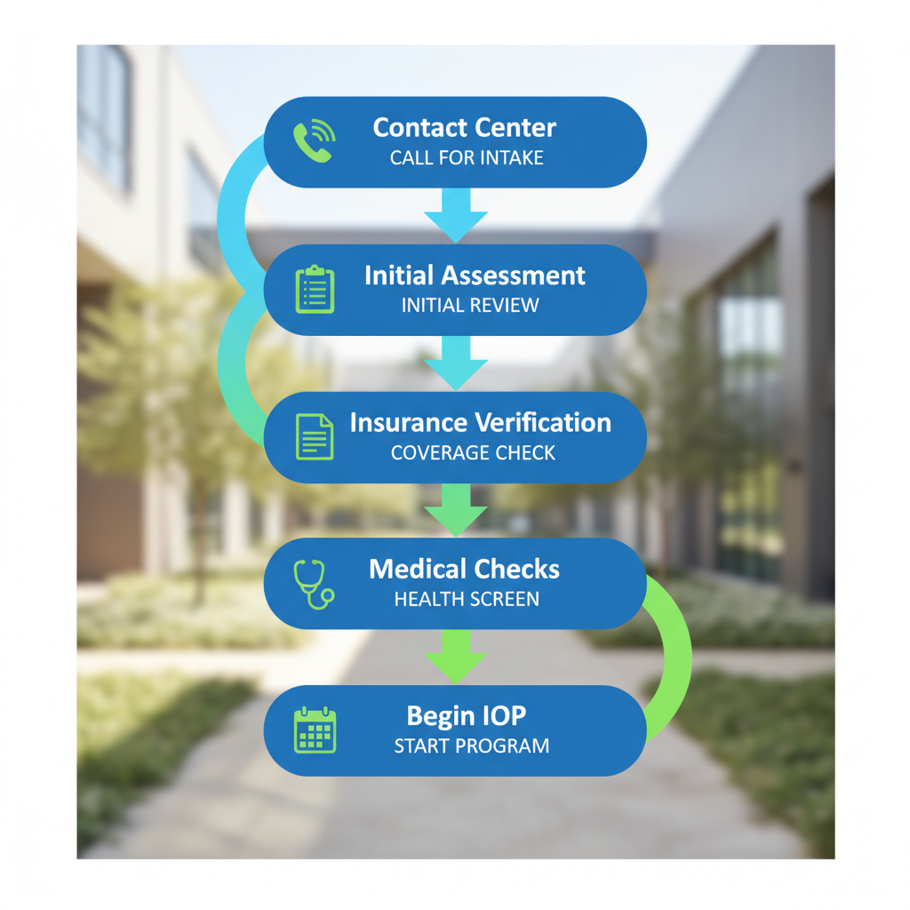 Vertical process flow diagram illustrating five key stages to begin outpatient detox treatment in Houston, Texas