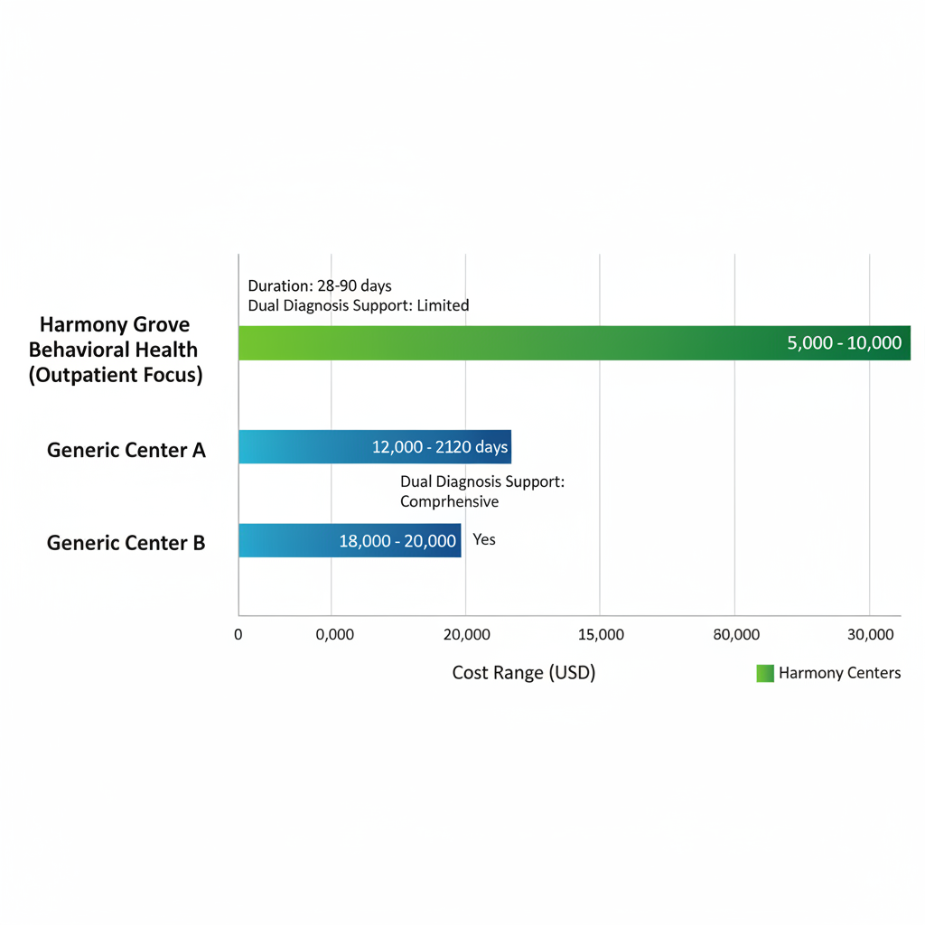 Horizontal bar chart comparing costs and features of Houston treatment centers, highlighting Harmony Grove Behavioral Health outpatient option