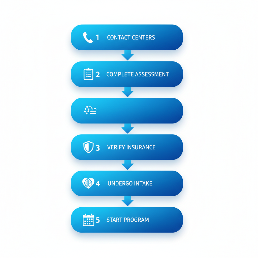 Vertical process flow diagram showing five steps to access residential treatment in Houston with icons and brief labels.