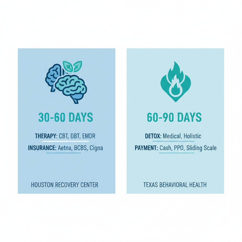 Infographic comparing residential treatment centers in Houston: Houston Recovery Center and Texas Behavioral Health with icons, durations, therapies, and insurance details.