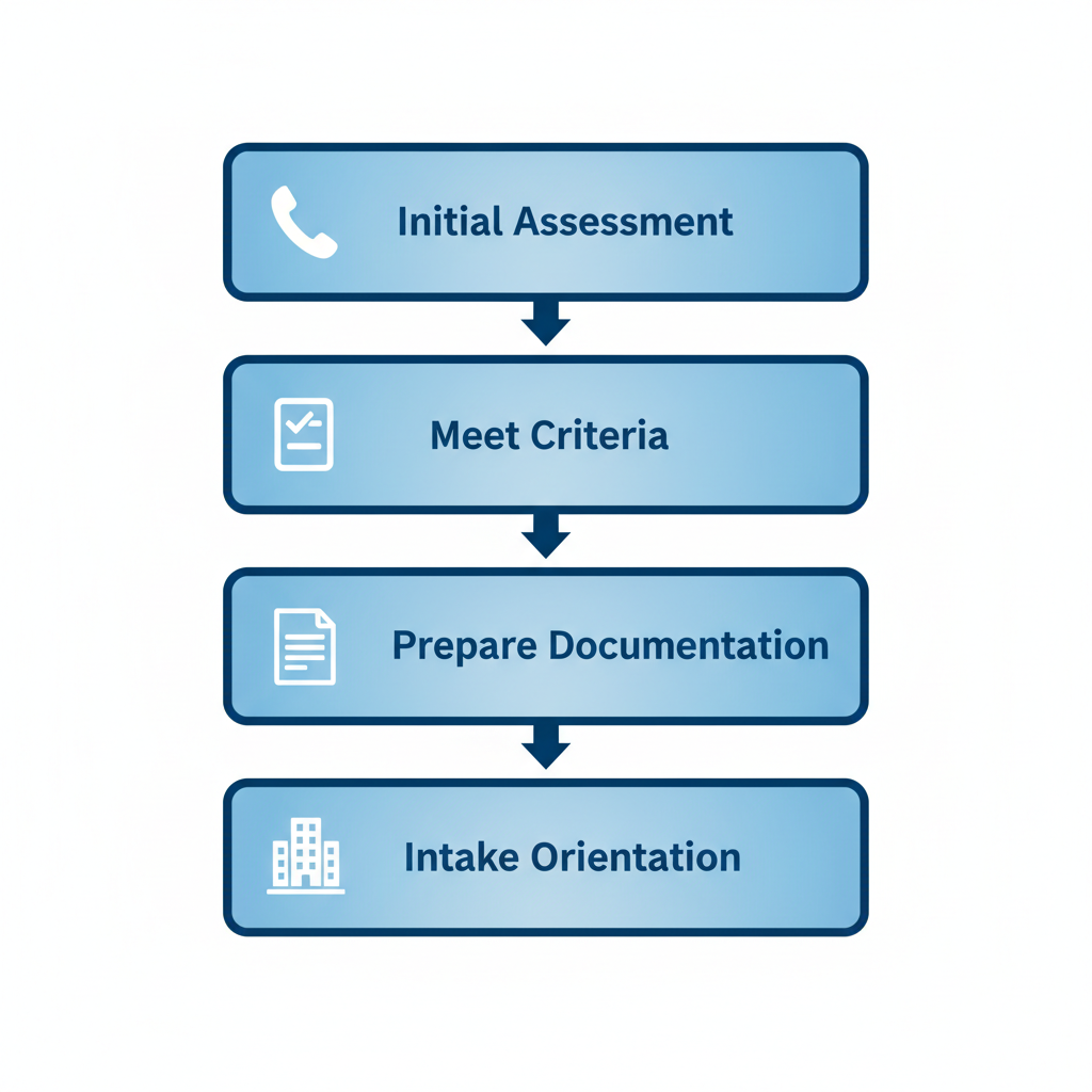 Vertical process flow diagram illustrating the four steps to start residential treatment in Houston: initial assessment, meeting admission criteria, preparing documentation, and intake orientation.