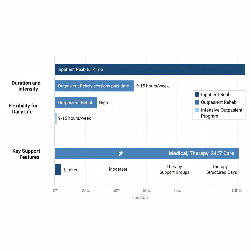 Horizontal bar chart comparing Inpatient Rehab, Outpatient Rehab, and Intensive Outpatient Program in Houston by duration, flexibility, and support features
