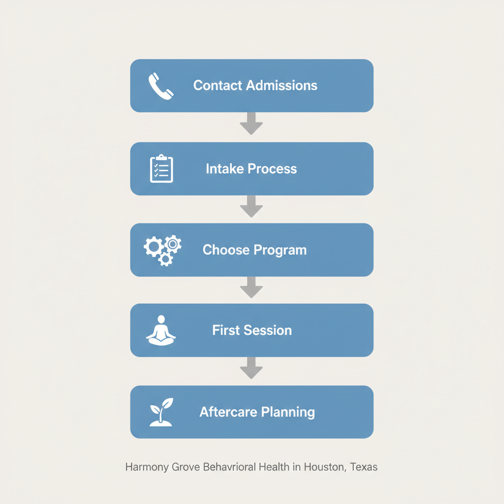 Vertical process flow illustrating five key steps to start outpatient recovery at a Houston behavioral health center