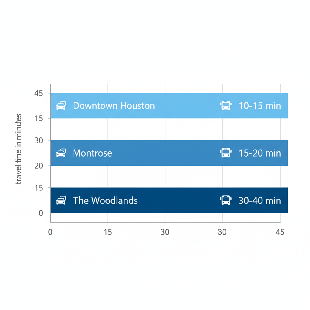 Bar chart showing travel times to Harmony Grove IOP from Houston neighborhoods: Downtown, Montrose, and The Woodlands.