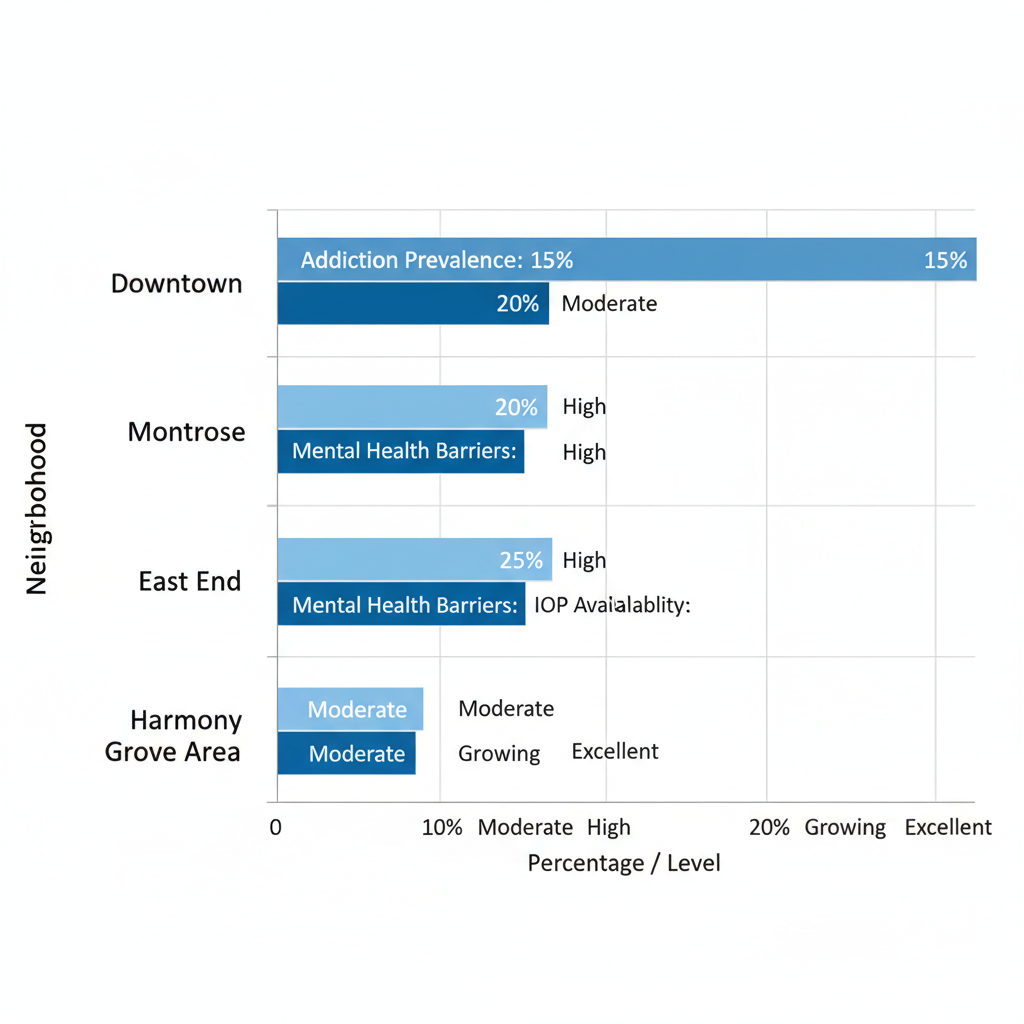 Horizontal bar chart comparing addiction prevalence, mental health barriers, and IOP availability across four Houston neighborhoods.