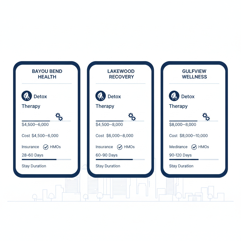 Infographic comparing features of three residential treatment centers in Houston, Texas: services, costs, insurance, and stay durations.
