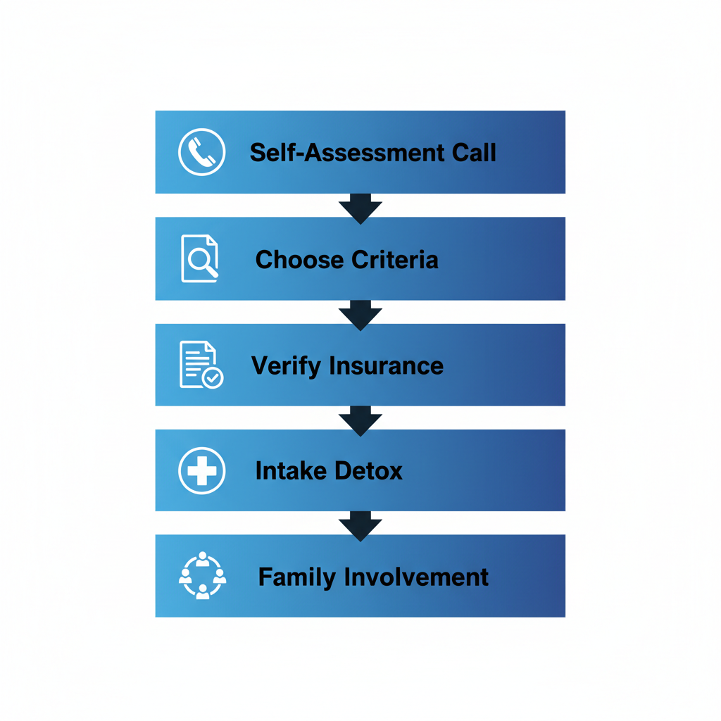 Vertical process flow diagram illustrating five steps to start residential treatment: self-assessment and call, choosing via criteria, insurance verification, intake and detox prep, family involvement with icons.