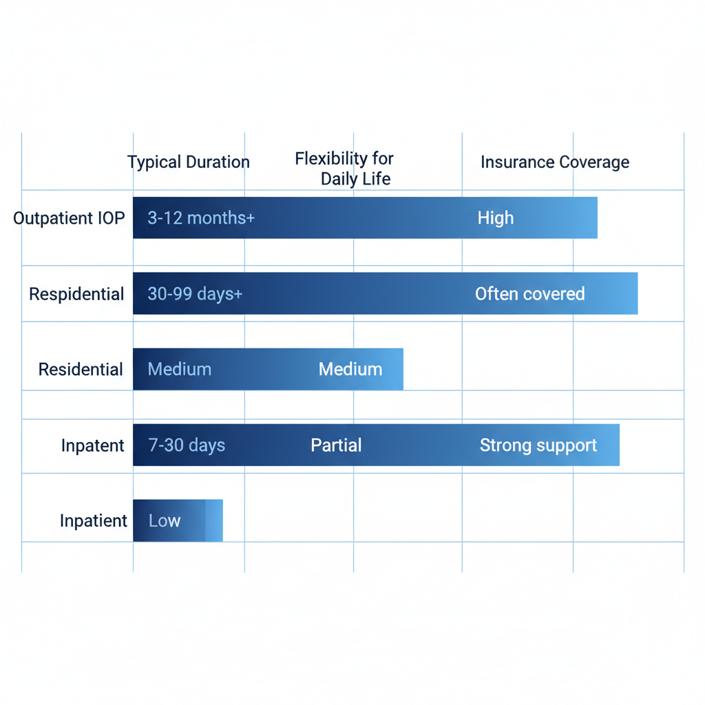 Horizontal bar chart comparing Outpatient IOP, Residential, and Inpatient mental health care types in Houston by duration, flexibility, and insurance coverage.