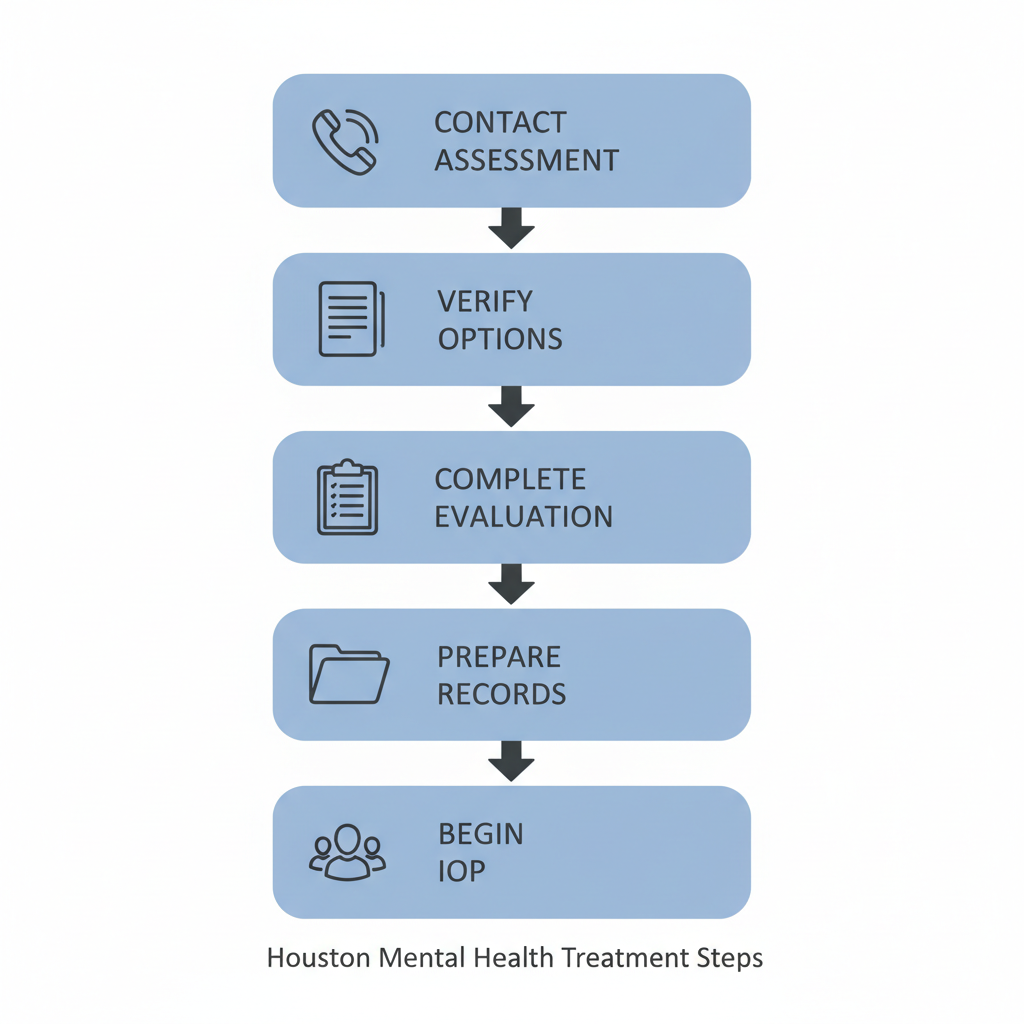 Vertical process flow diagram illustrating five steps to initiate long-term mental health treatment including contact, verification, evaluation, preparation, and starting IOP.