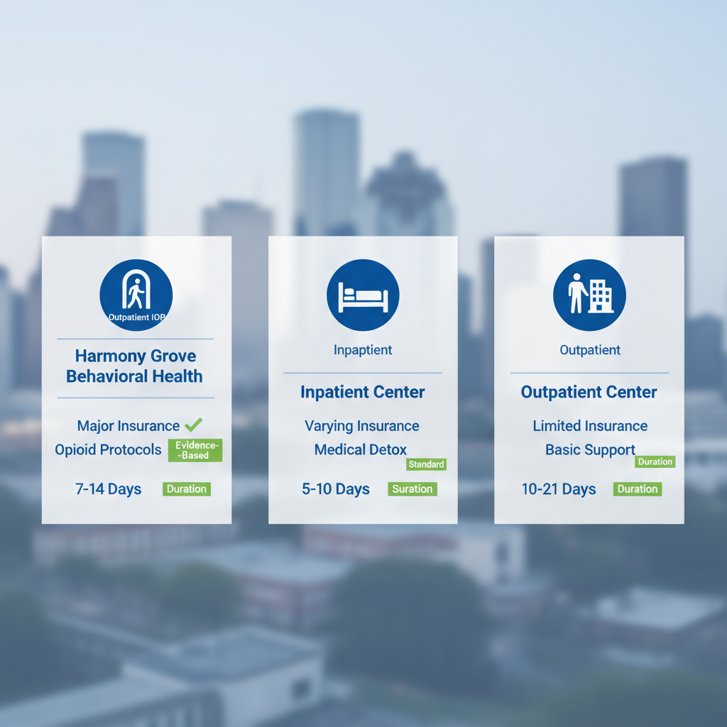 Infographic comparing three detox facilities in Houston: Harmony Grove outpatient program, generic inpatient center, and generic outpatient center, with icons for types, insurance, and timelines.