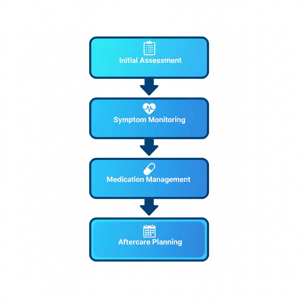 Vertical process flow diagram of five stages for outpatient detox services in Houston, featuring icons for assessment, monitoring, medication, therapy, and aftercare.