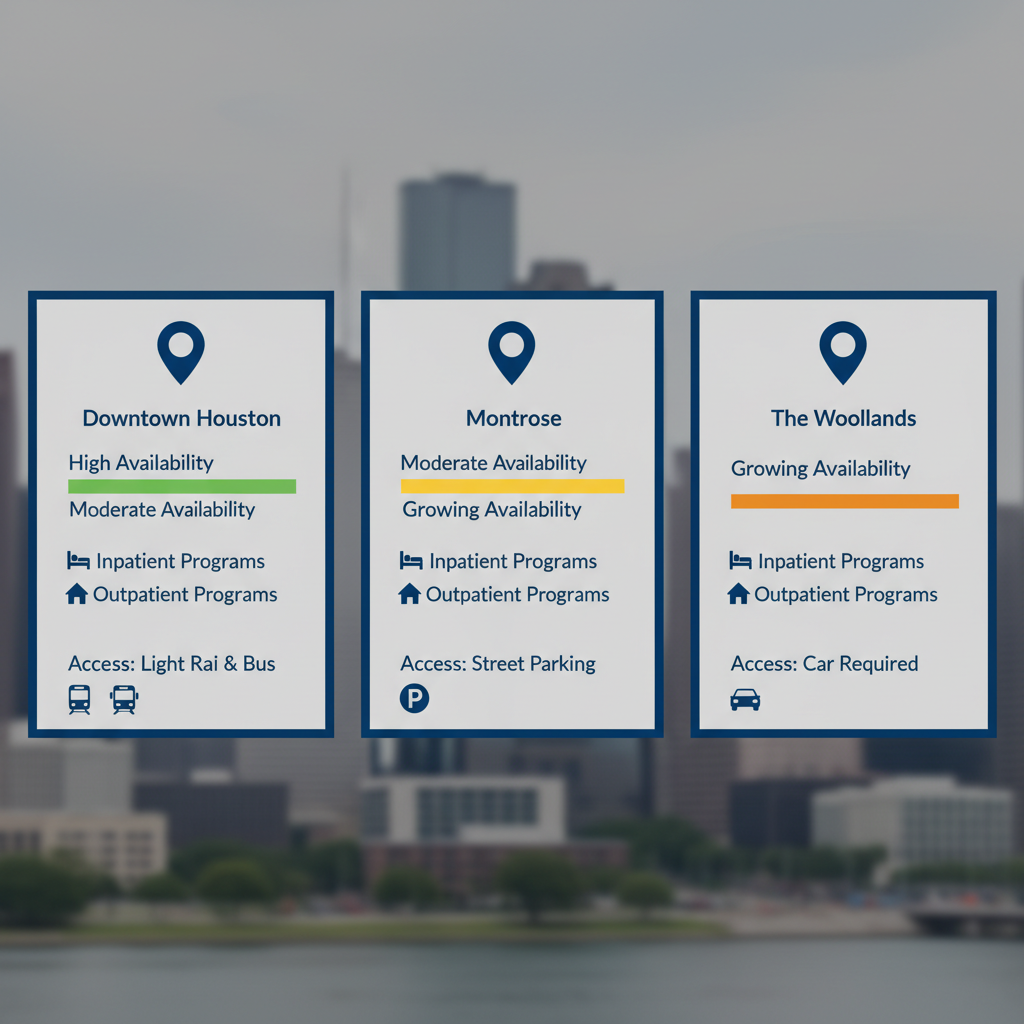 Infographic comparing detox service availability in Downtown Houston, Montrose, and The Woodlands with icons and color-coded bars.