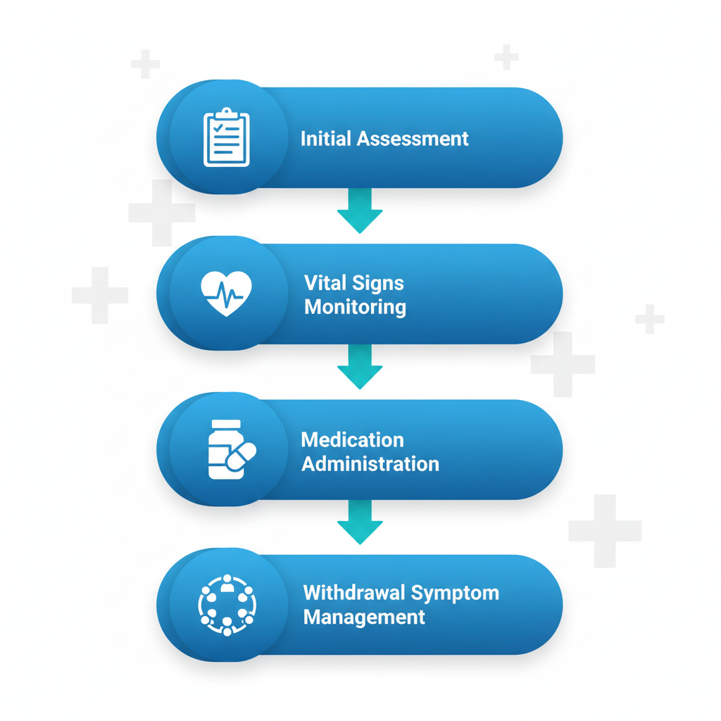 Vertical process flow diagram of medical detox stages in Houston with icons and labels