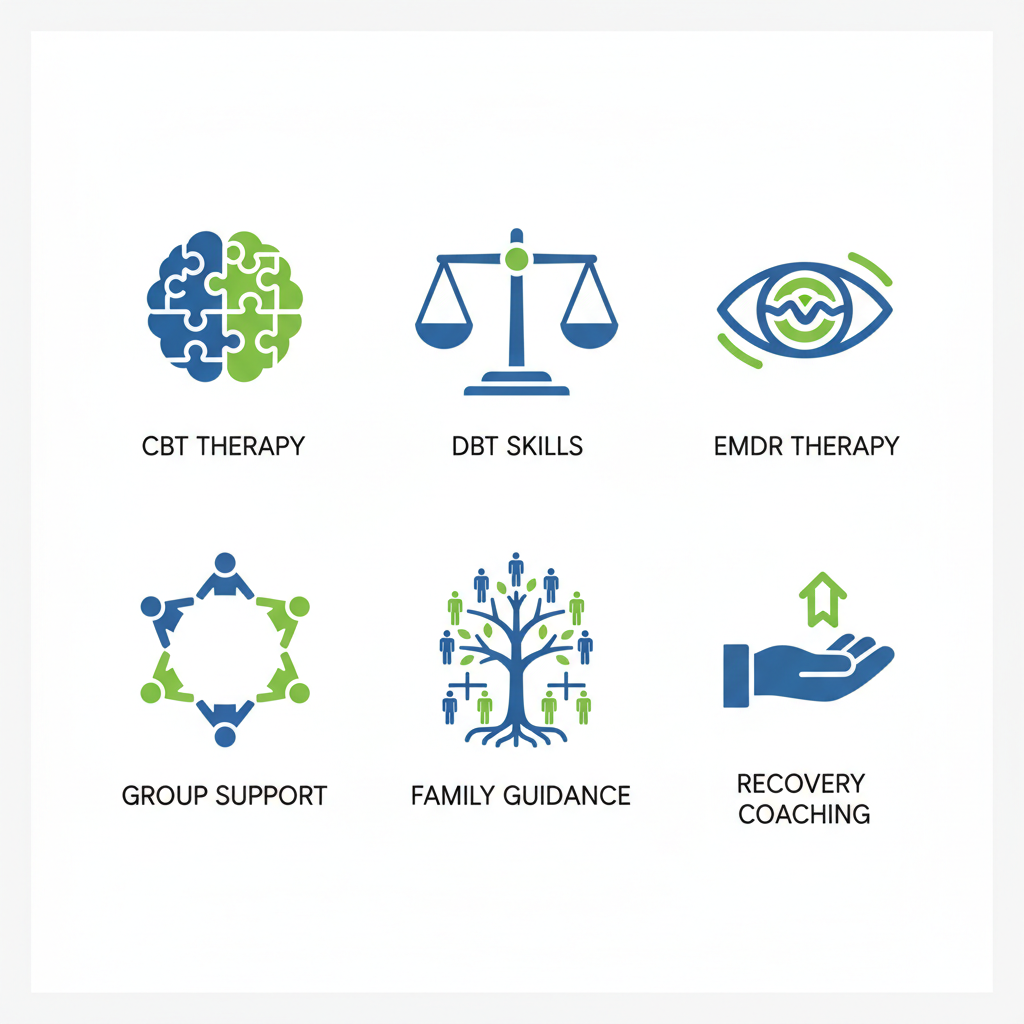 Grid of icons depicting outpatient services: CBT, DBT, EMDR, group therapy, family counseling, and recovery coaching in minimalist blue and green tones.