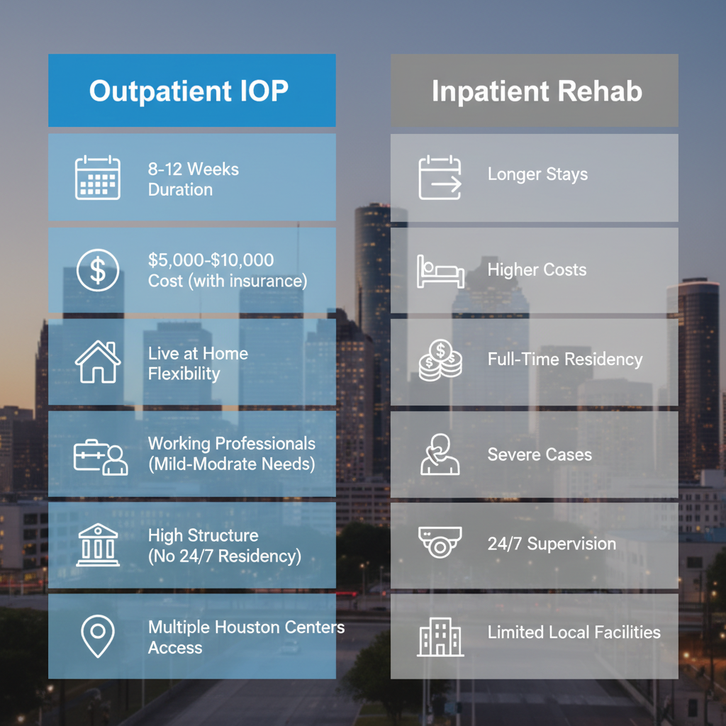 Infographic comparing outpatient intensive programs and inpatient rehab options available in Houston, Texas, featuring key differences in duration, cost, flexibility, and suitability.