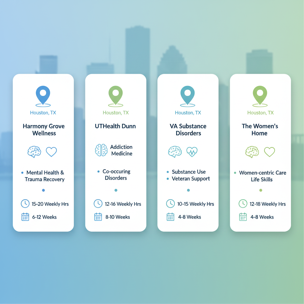 Infographic comparing Intensive Outpatient Programs in Houston, Texas, featuring Harmony Grove, UTHealth Dunn, VA Substance Disorders, and The Women's Home with icons for location, focus, hours, and duration.