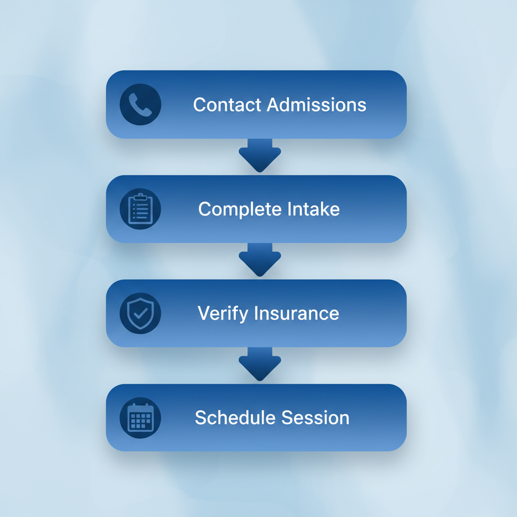 Vertical process flow diagram showing four steps to enroll in Harmony Grove's Houston IOP program: contact admissions, complete intake, verify insurance, and schedule session.
