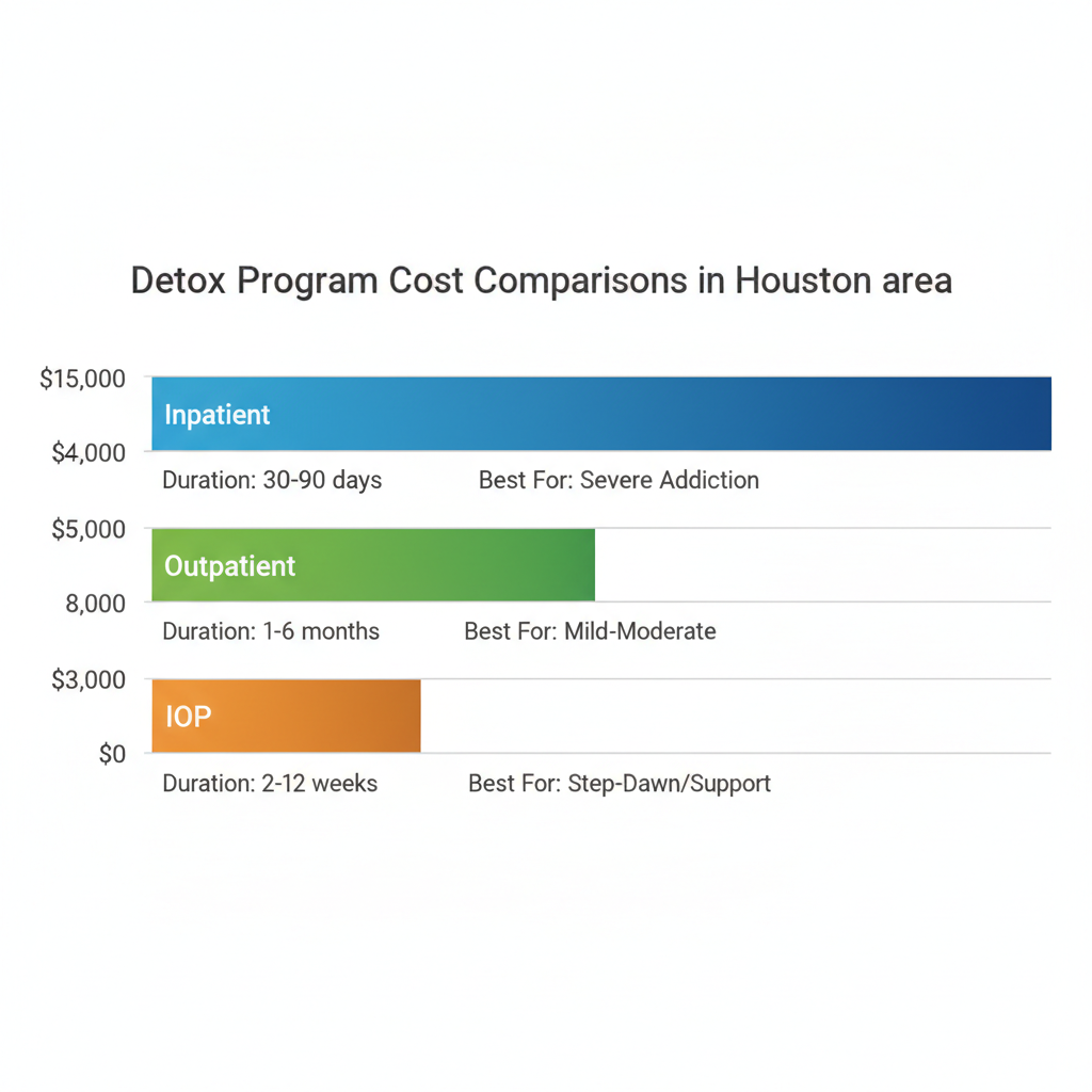 Horizontal bar chart comparing costs and details of inpatient, outpatient, and IOP detox programs in Houston, Texas.
