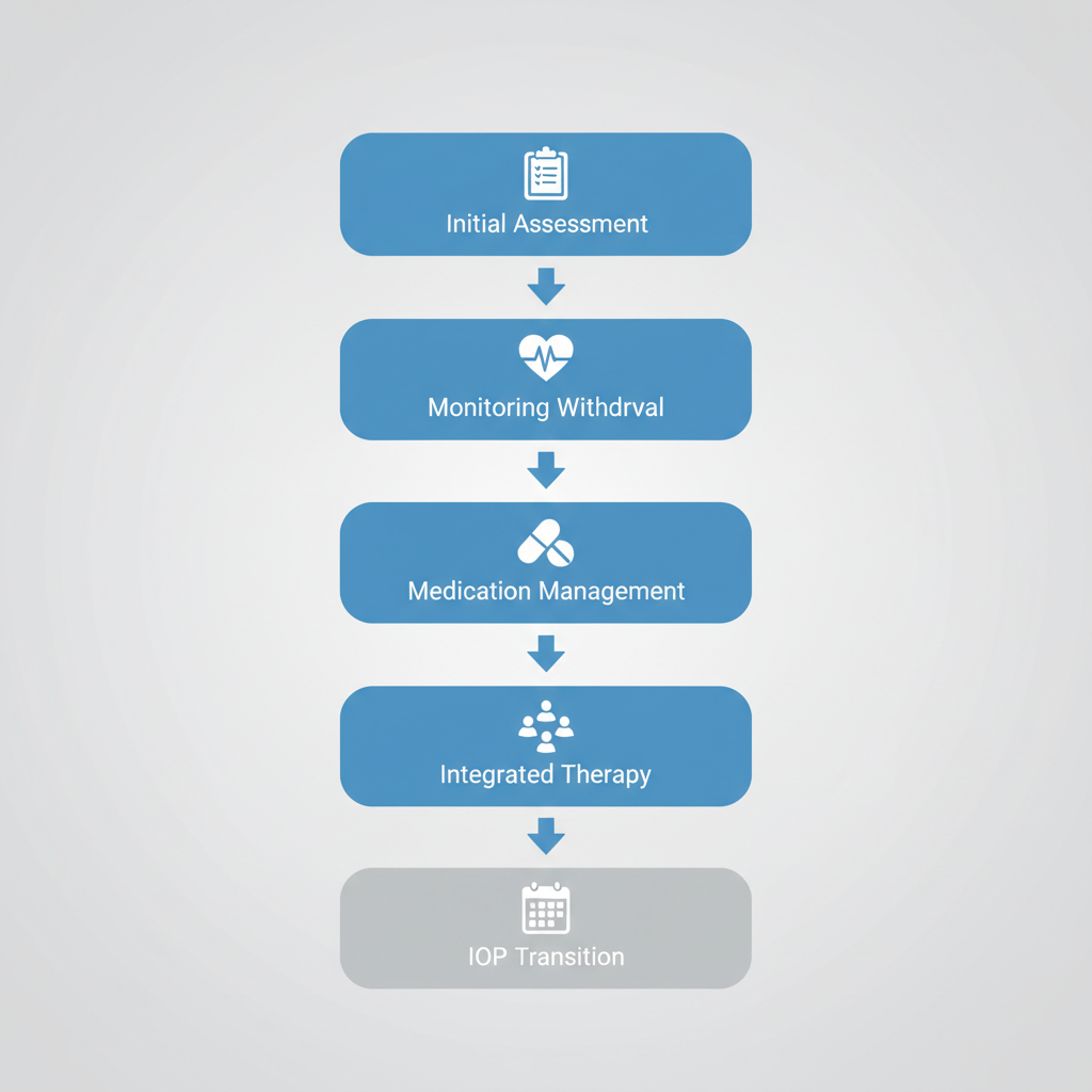 Vertical process flow diagram of five stages for detox and recovery services: initial assessment, monitoring withdrawal, medication management, integrated therapy, and IOP transition.
