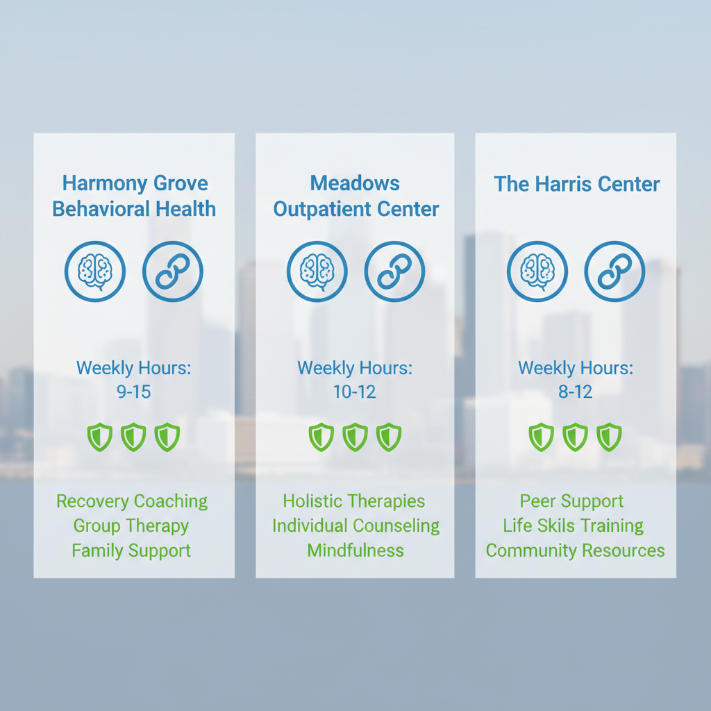 Infographic comparing IOP providers in Houston with focus areas, hours, and features