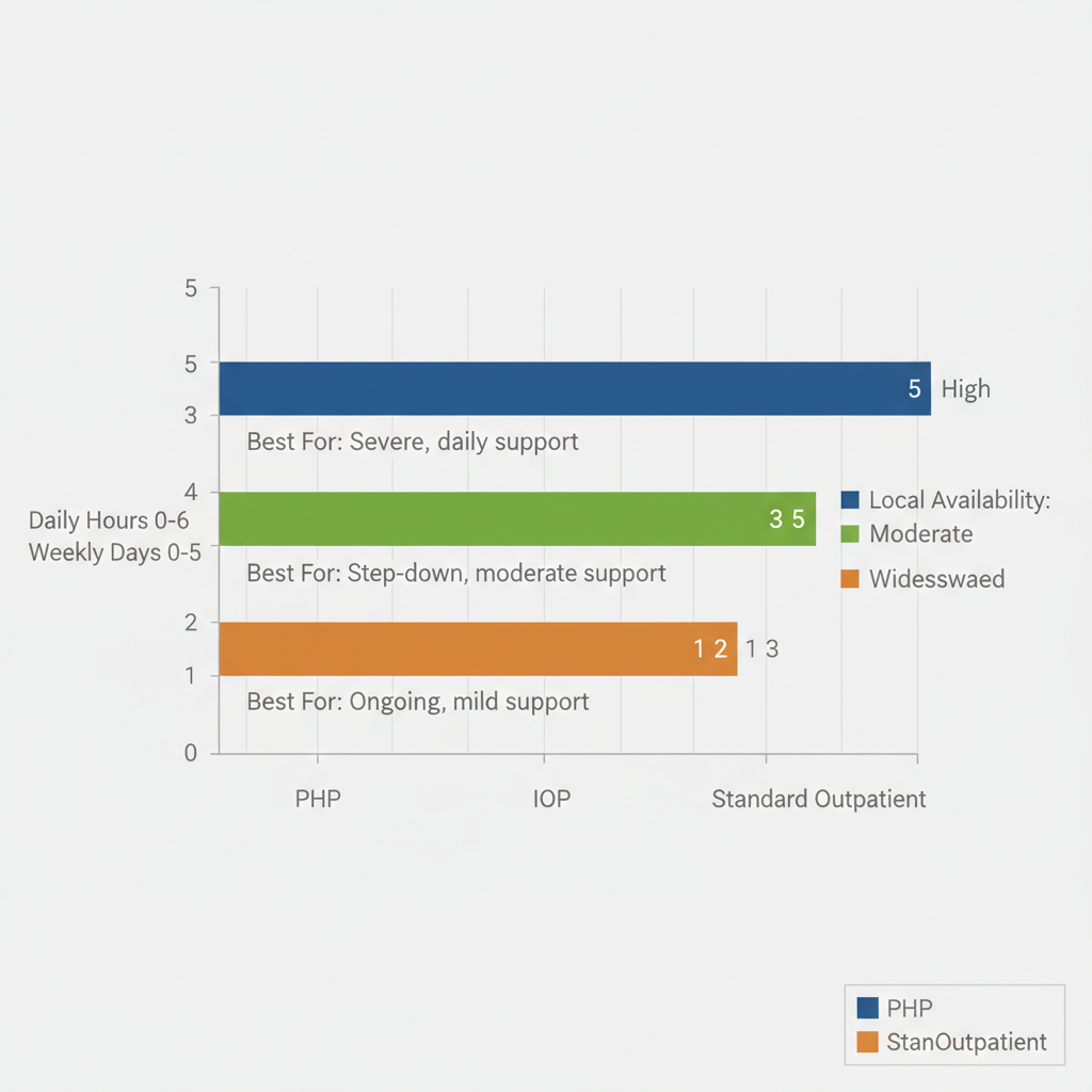 Horizontal bar chart comparing outpatient treatment levels in Houston: PHP, IOP, and standard options with hours and days