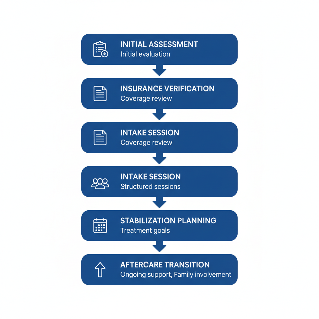 Vertical process flow diagram showing five enrollment steps for partial hospitalization program in Houston with icons and brief descriptions.