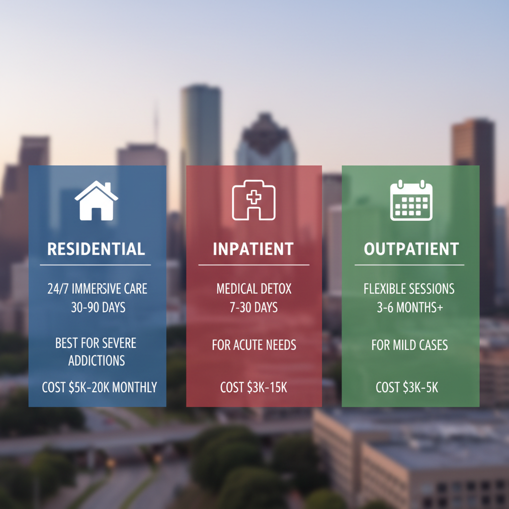 Infographic comparing residential, inpatient, and outpatient addiction treatment options in Houston with durations, suitability, and cost ranges.
