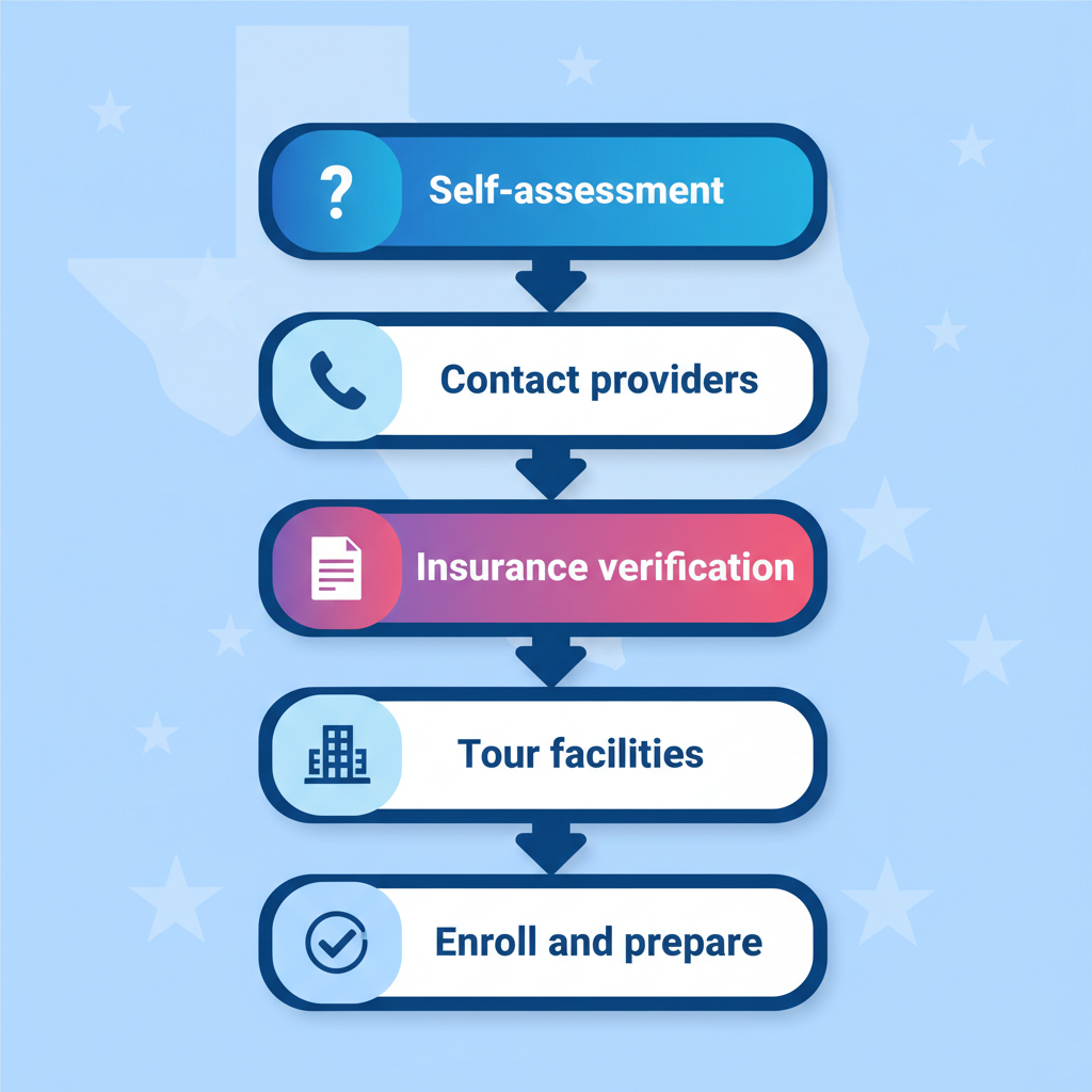 Vertical process flow diagram showing five steps to begin recovery journey in Houston with icons and brief labels.