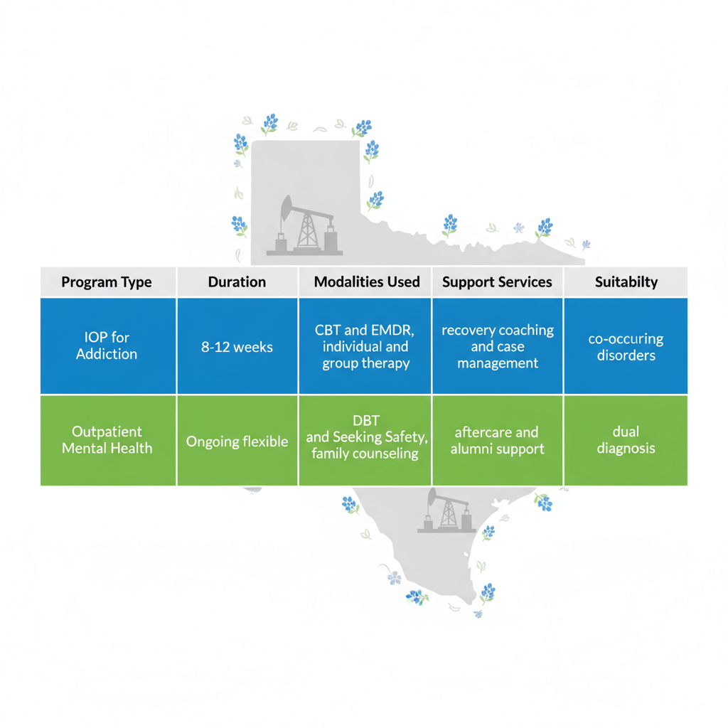 Accessibility description of a horizontal comparison chart showing two key recovery programs in Houston: IOP for addiction and outpatient mental health, detailing durations, modalities, supports, and suitability in a clean table format.