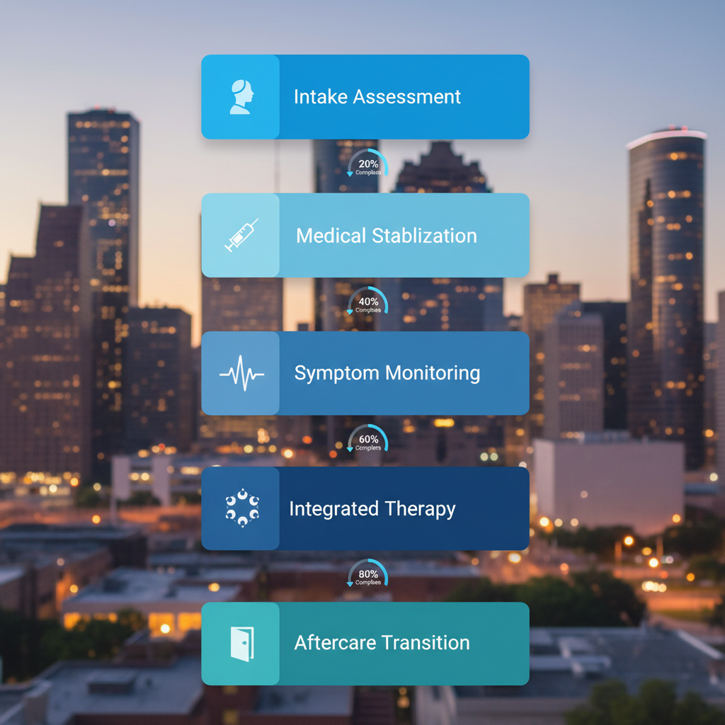Vertical diagram illustrating five stages of alcohol detox in Houston facilities: intake assessment, medical stabilization, symptom monitoring, integrated therapy sessions, and transition to aftercare.