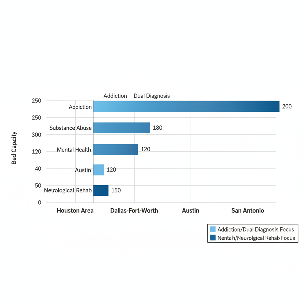 Horizontal bar chart comparing inpatient rehab bed capacities in Texas regions including Houston, Dallas-Fort Worth, Austin, and San Antonio
