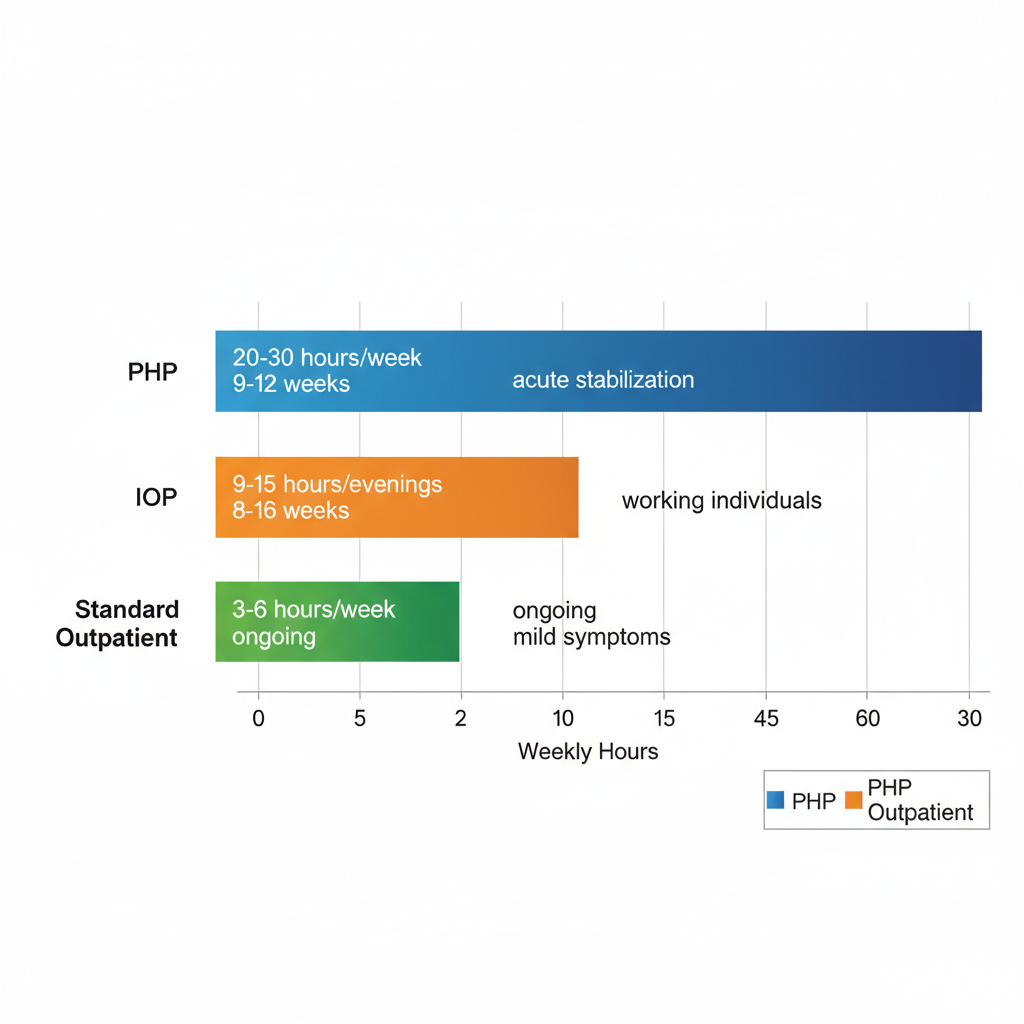 Horizontal bar chart comparing weekly hours for PHP, IOP, and standard outpatient treatment levels in Houston.