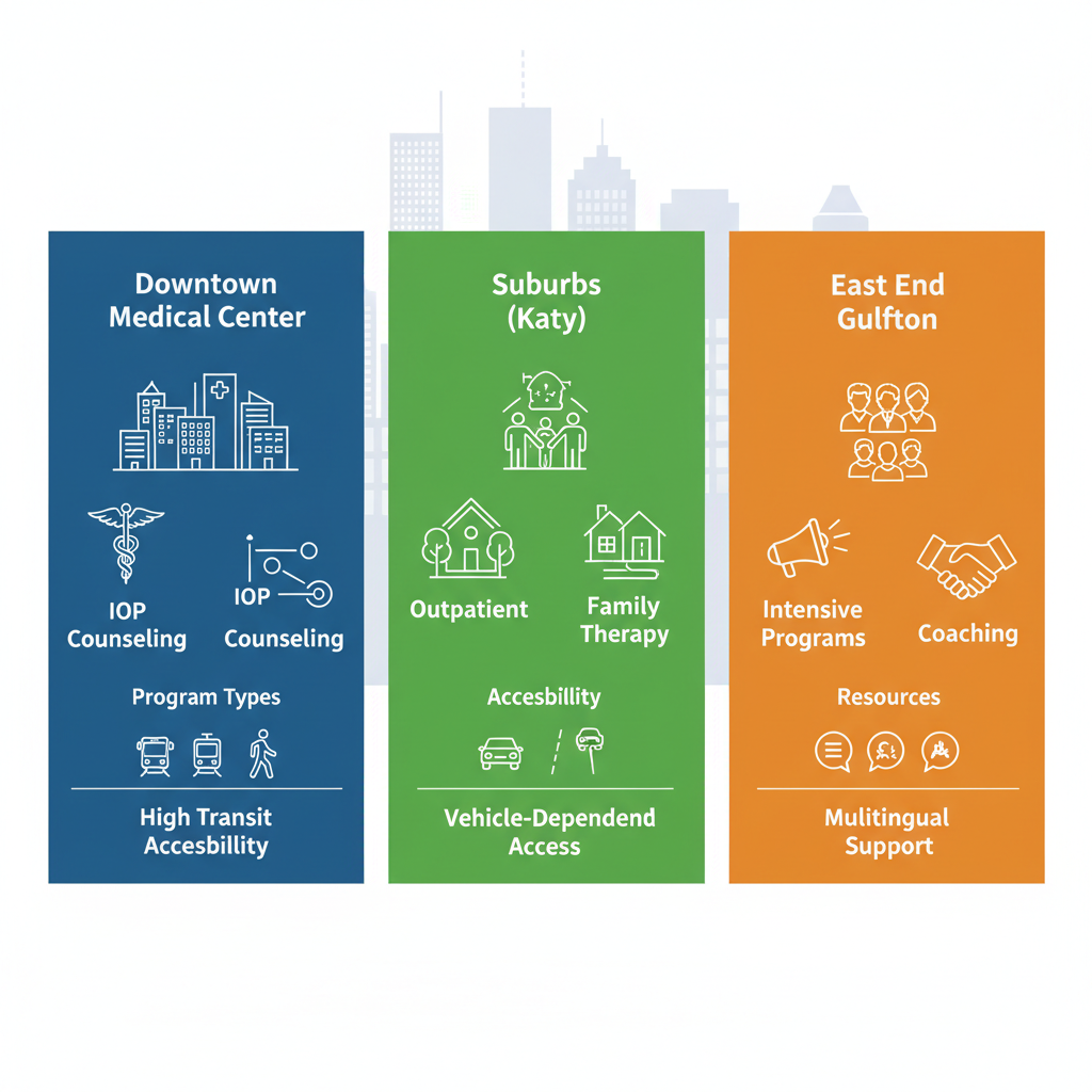 Infographic depicting three key recovery support areas in Houston: Downtown Medical Center, Suburbs like Katy, and East End Gulfton, highlighting programs, accessibility, and resources.