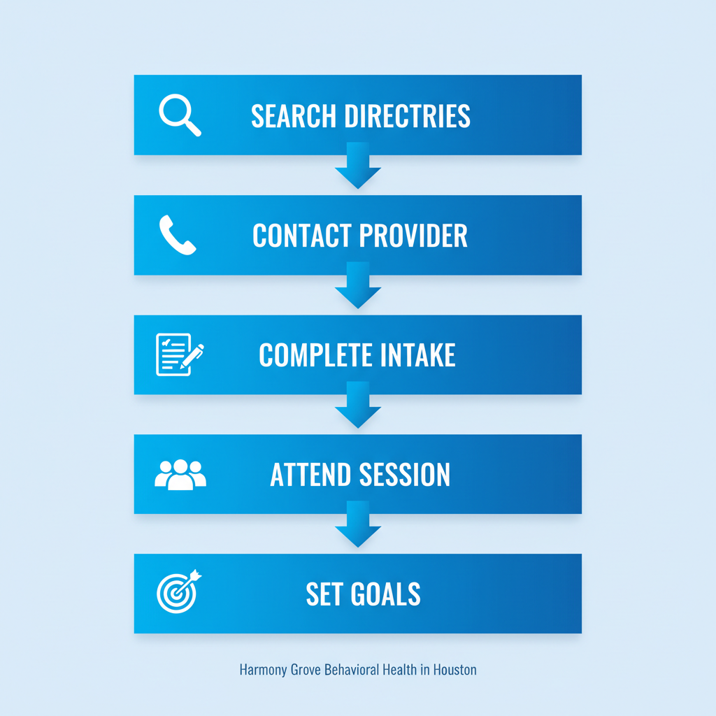 Vertical process flow diagram showing five steps to begin recovery: search, contact, intake, attend session, set goals with relevant icons and blue gradient design
