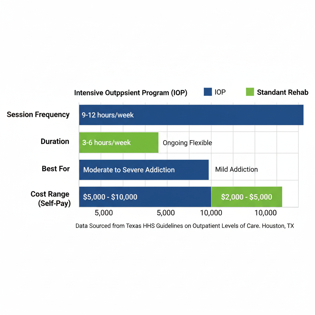 Horizontal bar chart comparing IOP and standard outpatient rehab aspects in Houston, including session frequency, duration, best for, and cost range with blue and green bars.