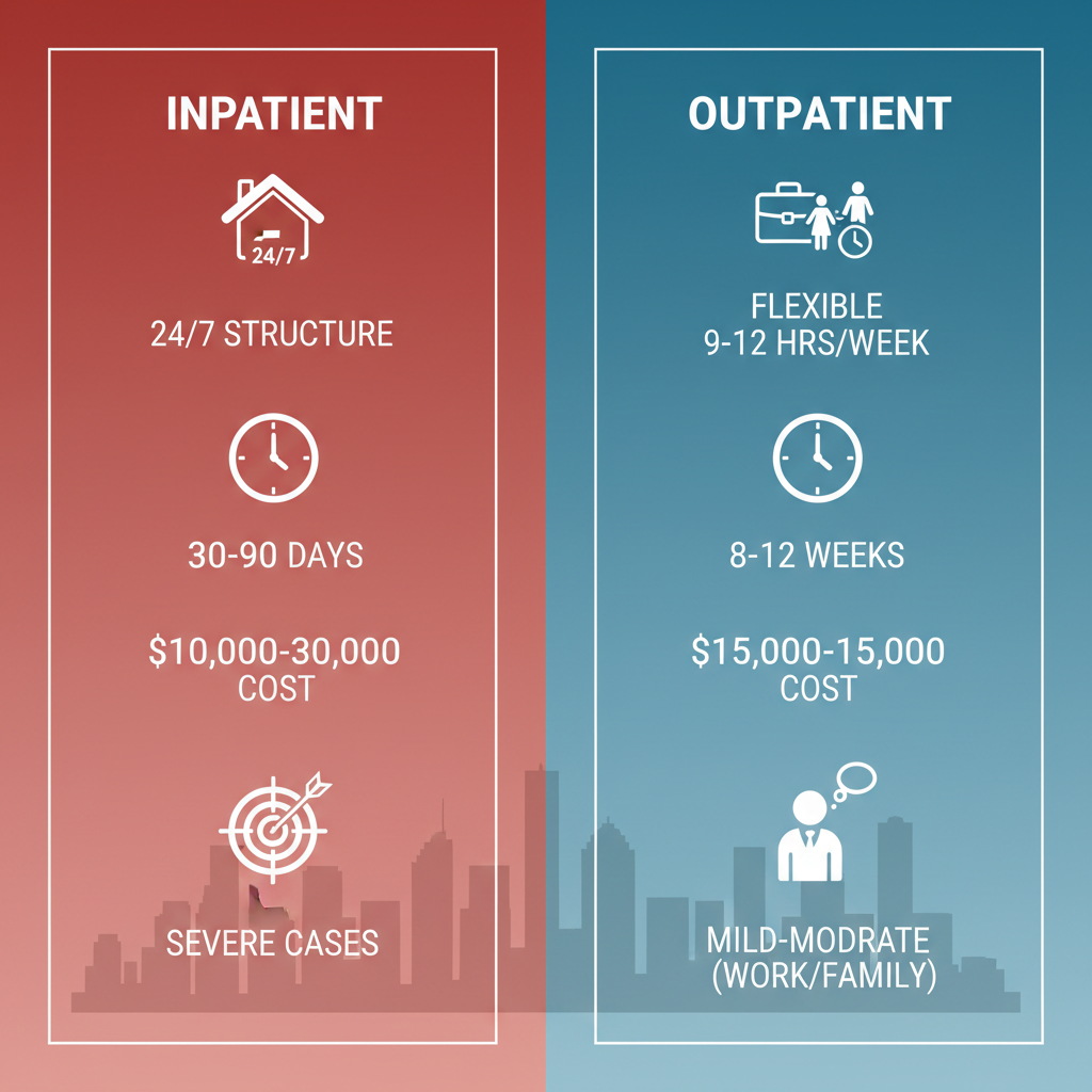 Infographic comparing inpatient and outpatient drug rehab options in Houston, Texas with icons for structure, duration, cost, and suitability.