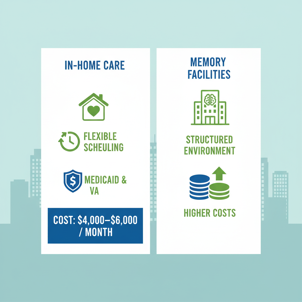 Infographic comparing in-home dementia care and memory care facilities in Phoenix, Arizona, highlighting costs, scheduling, and insurance options.